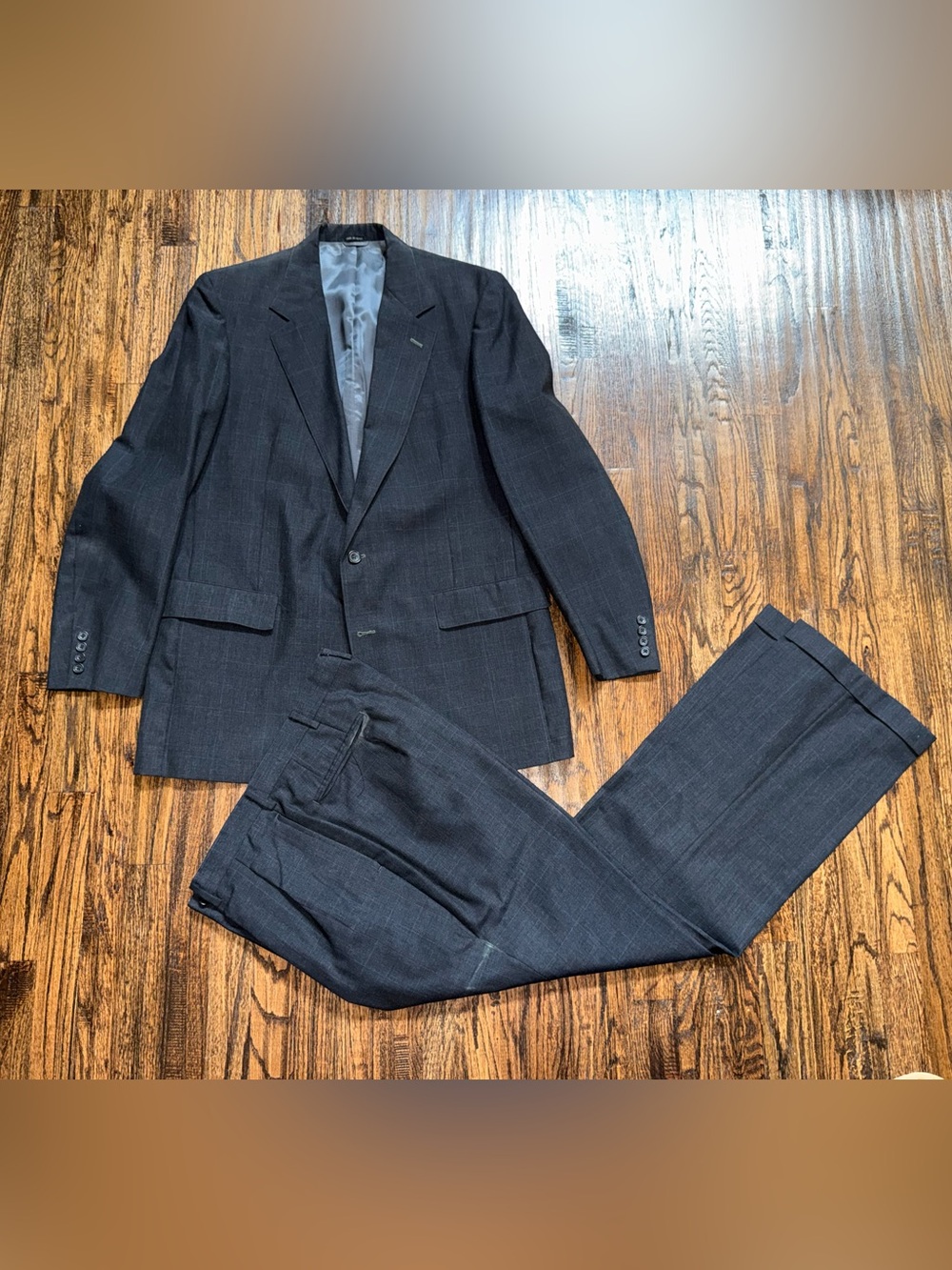 Custom Vintage Savile Row Plaid Wool 2pc Suit Jacket & Pant Set ~44L / 36x32